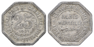 Франция, Марсель 25 сантимов 1921 диаметр 23,5 мм, вес 1,5 гр Elie mon 10.8 алюминий 4126-1142