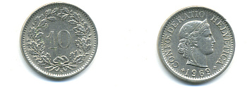 ШВЕЙЦАРИЯ 10 РАППЕНОВ 1969 В KM 27 медно-никель 93-1131