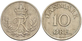 ДАНИЯ 10 ЭРЕ 1949 N; S, ФРЕДЕРИК IX (1947-1972) KM 841.1 медно-никель 4383-421