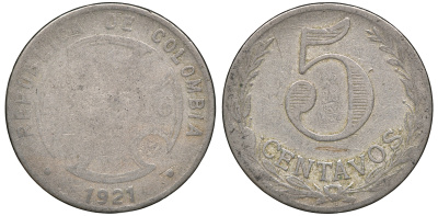 Колумбия 5 сентаво 1921 государственный лепрозорий KM L11 медно-никель 53-1033