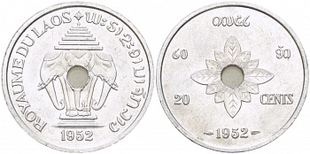 Лаос 20 центов 1952 король Сисаванг Вонг (1904-1959), слоны KM 5 алюминий  aUNC  M71-08