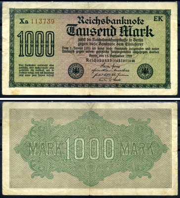 Германия 1000 марок 1922 выпуск 15 сентября 1922, водяной знак F, белая бумага, серия EK, буква Xa Pick 76 c (3) бумага 8617-45-2-1