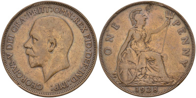 Великобритания 1 пенни 1928 Георг V (1910 - 1936) KM 838, Spink 4055 бронза 4149-731