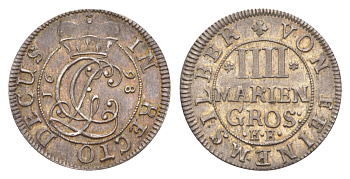 Брауншвейг-Каленберг-Ганновер 4 мариенгроша 1698 HB, Георг I (1698-1727), из коллекции Ричарда Б. Смита Welter 2192 серебро 00-821-33