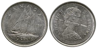 КАНАДА 10 ЦЕНТОВ 1985 ПАРУСНИК, ЕЛИЗАВЕТА II KM 77.2 никель 35-137