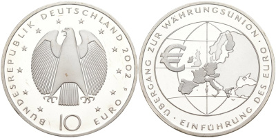 ФРГ 10 евро 2002 F, введение европейской валюты KM 215, DE.S. 10.1 серебро PROOF 01-345-32