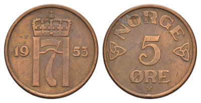Норвегия 5 эре 1953 Хокон VII (1905-1957) KM 400 бронза 4657-217