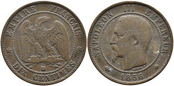 Франция 10 сантимов 1856 BB, Наполеон III (1852-1870) KM 771.3, Le Franc 133.34 бронза 4389-1022