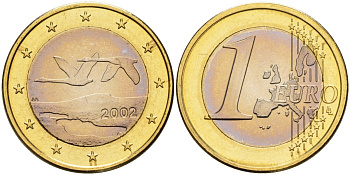 Финляндия 1 евро 2002 M, два лебедя в полете KM 104 биметалл UNC M57-12