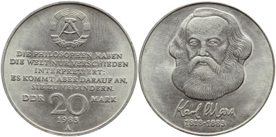 ГДР 20 марок 1983 А, 100 лет со дня смерти Карла Маркса (1818-1883) J. 1592, KM 95 медь никель цинк UNC 4394-336