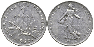 ФРАНЦИЯ 1 ФРАНК 1960 СЕЯТЕЛЬ KM 925.1, LE FRANC 226.4 никель 3999-1035