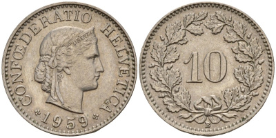 Швейцария 10 раппенов 1959 B KM 27 медно-никель 4189-356