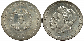 ГДР 20 марок 1971 А, Карл Либкнехт и Роза Люксембург KM 32 серебро 1522-443