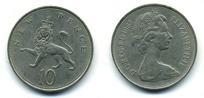 Великобритания 10 пенсов 1968 Елизавета II (1952-2022) KM 912, Spink 4231 (F1) медно-никель  4110-1131