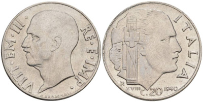 ИТАЛИЯ 20 ЧЕНТЕЗИМО 1940 R, ГОД XVIII, ВИКТОР ЭММАНУИЛ III (1900-1946), немагнитная, ГУРТ РИФЛЁНЫЙ KM 75d, VEM3. 1026a) нержавеющая сталь 3853-537