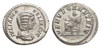 Римская Империя денарий 211-217 Юлия Домна, жена Септимия Севера, IVLIA PIA FELIX AVG, бюст императрицы/VENVS GENETRIX, Венера на троне, держит скипетр, Рим, About extremely fine RIC 389 серебро 00-812-42