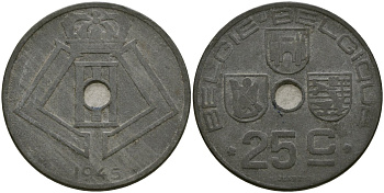 Бельгия 25 сантимов 1945 Belgie-Belgique, Леопольд III (1934-1947), германская оккупация KM 132 цинк 4132-235