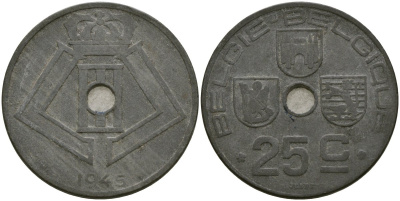 Бельгия 25 сантимов 1945 Belgie-Belgique, Леопольд III (1934-1947), германская оккупация KM 132 цинк 4132-235