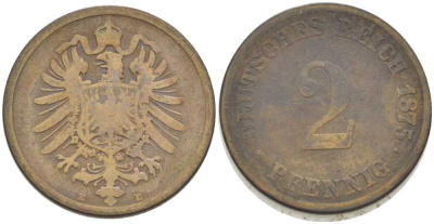 ГЕРМАНИЯ 2 ПФЕННИГА 1875 E, СТАРОГЕРБОВКА KM 2, J. 2, Weege 3 медь 212-557