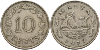 Мальта 10 центов 1972 баржа Великого магистра KM 11 медно-никель 82-515