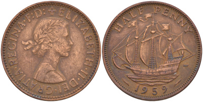 Великобритания 1/2 пенни 1959 Елизавета II (1952-2022) KM 896, Spink 4158 бронза 4561-526