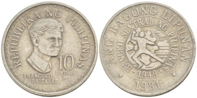 ФИЛИППИНЫ 10 СЕНТИМО 1981 ФРАНСИСКО БАЛЬТАЗАР KM 226 медно-никель 4544-524