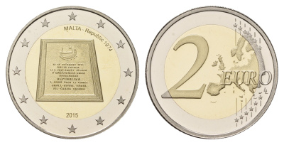Мальта 2 евро 2015 Конституция Мальты - Республика 1974 года, в оригинальной коробке, с сертификатом, тираж 5.000 экземпляров KM 167 биметалл PROOF 8-2-07-20