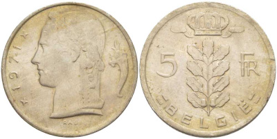 БЕЛЬГИЯ 5 ФРАНКОВ 1971 BELGIE, БОДУЭН I (1951-1993) KM 135.1 медно-никель 202-1214