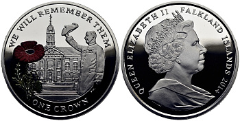 Фолклендские острова 1 крона 2014 в память героев первой мировой войны, Королевский госпиталь Челси, красный мак KM 177a.1 серебро, эмаль  PROOF 1071-2-61