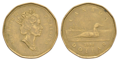 Канада 1 доллар 1990 Елизавета II (1952-2022), утка KM 186 никель плакированный позолоченной бронзой 4631-751
