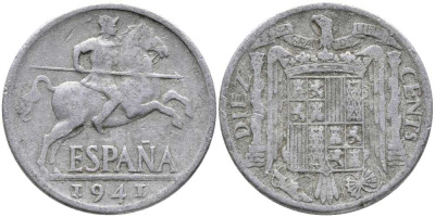 ИСПАНИЯ 10 СЕНТИМО 1941 РЫЦАРЬ НА КОНЕ KM 766 алюминий 110-917
