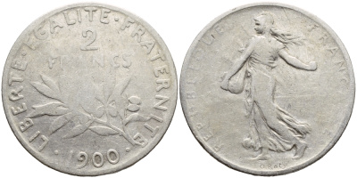 Франция 2 франка 1900 KM 845.1 серебро 4178-1315