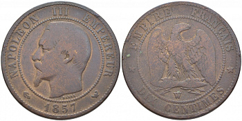 Франция 10 сантимов 1857 W, Наполеон III (1852-1870) KM 771.7, Le Franc 133.44 бронза 3460-914