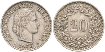 ШВЕЙЦАРИЯ 20 РАППЕНОВ 1943 В KM 29a медно-никель 55-654