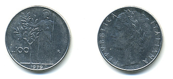 Италия 100 лир 1979 R, Афина в доспехах KM 96.1 нержавеющая сталь 4364-813
