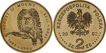 Польша 2 злотых 2002 MW, серия Польские короли, Август II Сильный (1697-1706, 1709-1723) KM 439 нордик UNC 4526-1113