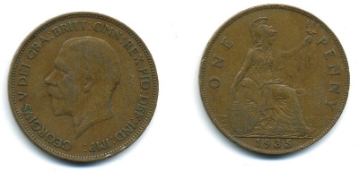 Великобритания 1 пенни 1935 Георг V (1910-1936) КМ 838, Spink 4055 бронза 4110-244