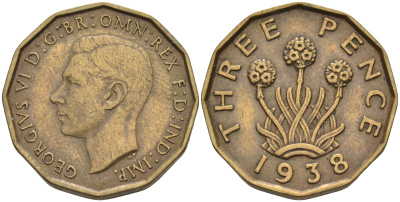 Великобритания 3 пенса 1938 Георг VI (1936-1952) KM 849, Spink 4112 никель латунь 4589-933