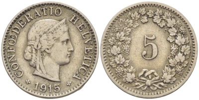 ШВЕЙЦАРИЯ 5 РАППЕНОВ 1915 В KM 26 медно-никель 3955-1132