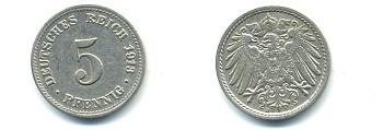 ГЕРМАНИЯ 5 ПФЕННИГОВ 1913 D, KM 11, J. 12 медно-никель 4379-711