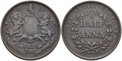 Британская Индия 1/2 анна 1835 M, Британская Ост-Индская компания, Мадрас, диаметр 30,8 мм. KM 447.1 медь 88-935