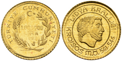 Турция 1000000 лир ЛИР 1997 КРЕЗ, ЦАРЬ ЛИДИИ, СТАРИННАЯ МОНЕТА KM 1066 золото PROOF 00-000-00