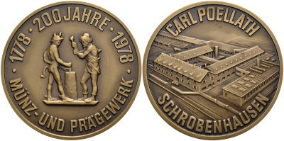 Германия медаль 1978 CARL POELLATH SCHROBENHAUSEN, 200 лет чеканке монет и вышивке (1778-1978), диаметр 60 мм. бронза 00-000-00