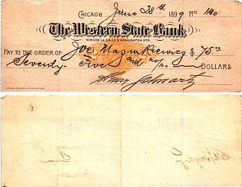 США чек на 75 долларов 1899 The Western State Bank, Чикаго бумага 6287-43-2-2