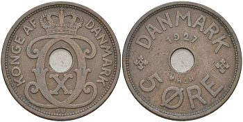 Дания 5 эре 1927 N; GJ, Кристиан X (1912-1947) KM 828.2 бронза 69-533