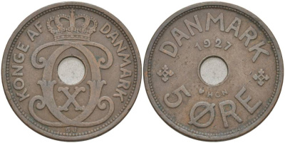Дания 5 эре 1927 N; GJ, Кристиан X (1912-1947) KM 828.2 бронза 69-533