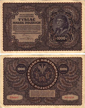 Польша 1000 марок 1919 23 августа 1919, II серия, портрет Костюшко, серия U Pick 29 (2)  бумага   8609-22-1-1