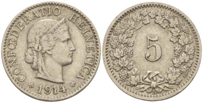 ШВЕЙЦАРИЯ 5 РАППЕНОВ 1914 В KM 26 медно-никель 3955-1129