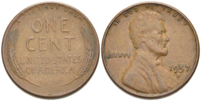 США 1 ЦЕНТ 1957 D, ЛИНКОЛЬН KM А132 медь цинк 218-317