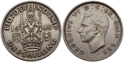 Великобритания 1 шиллинг 1948 Георг VI (1936-1952), Шотландский герб KM 864, Spink 4104 медно-никель 80-225
